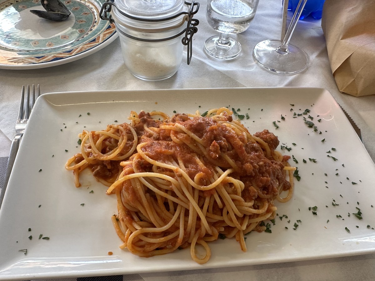 A plate of fresh Italian pasta at a restaurant in Portoferraio, Elba