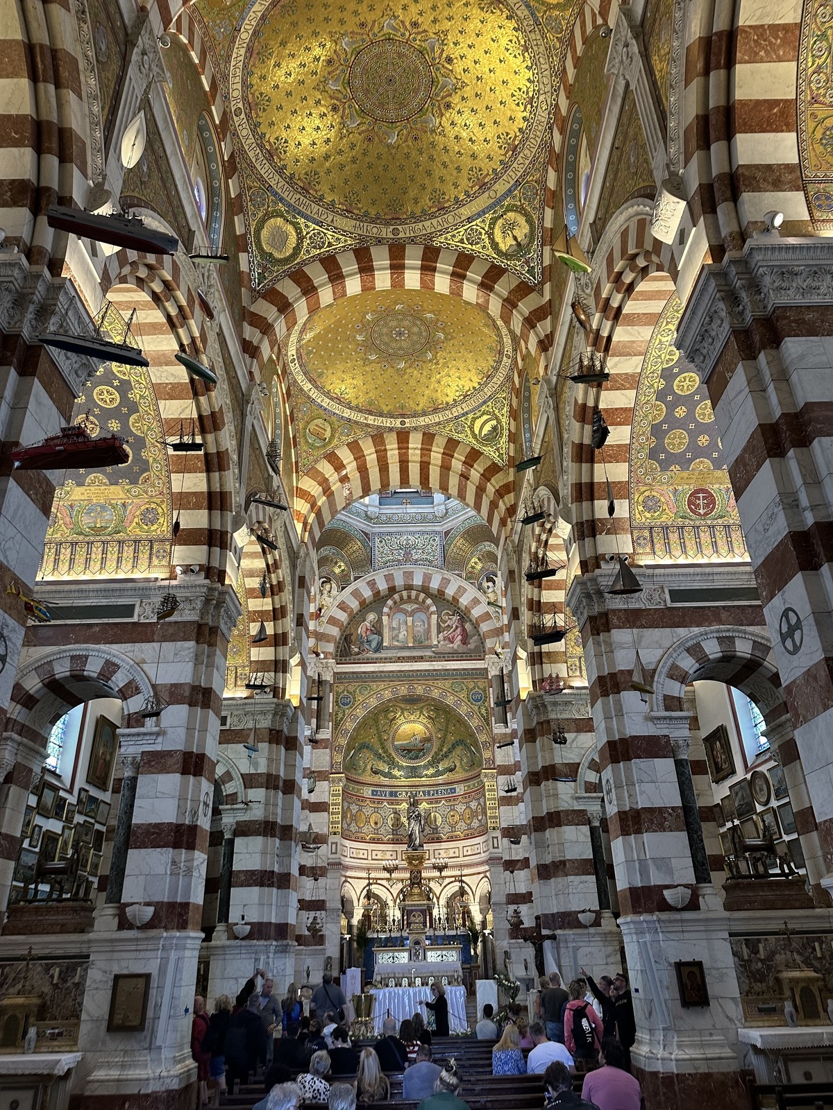 Golden Byzantine mosaics inside Notre-Dame de la Garde basilica