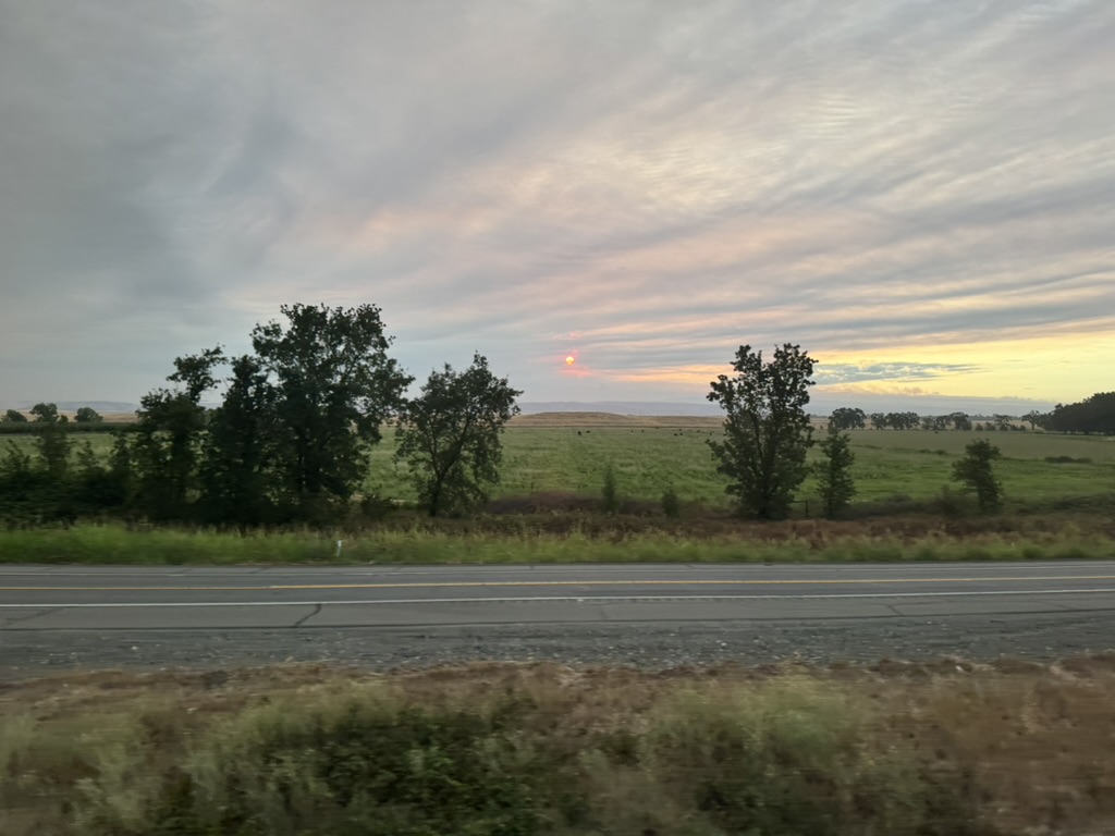 Sunrise over farmland from the Coast Starlight approaching California