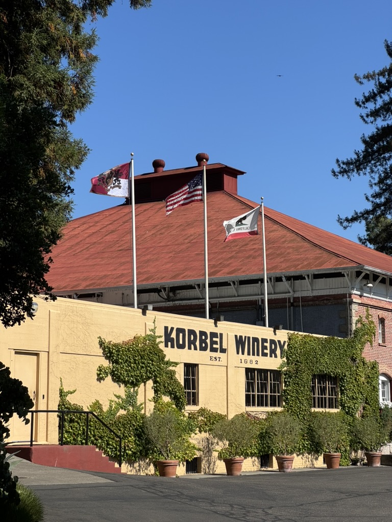 Korbel Winery exterior with flags flying