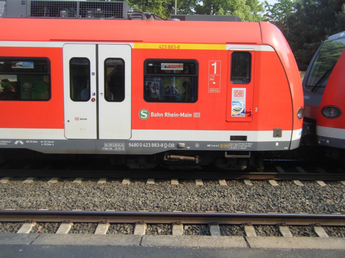 Red S-Bahn Rhein-Main train at a German platform