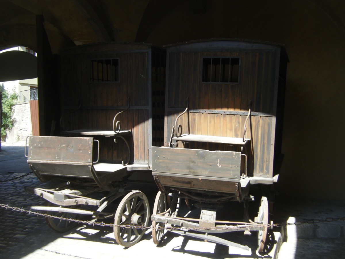 Wooden prison transport wagons at the Medieval Crime Museum in Rothenburg