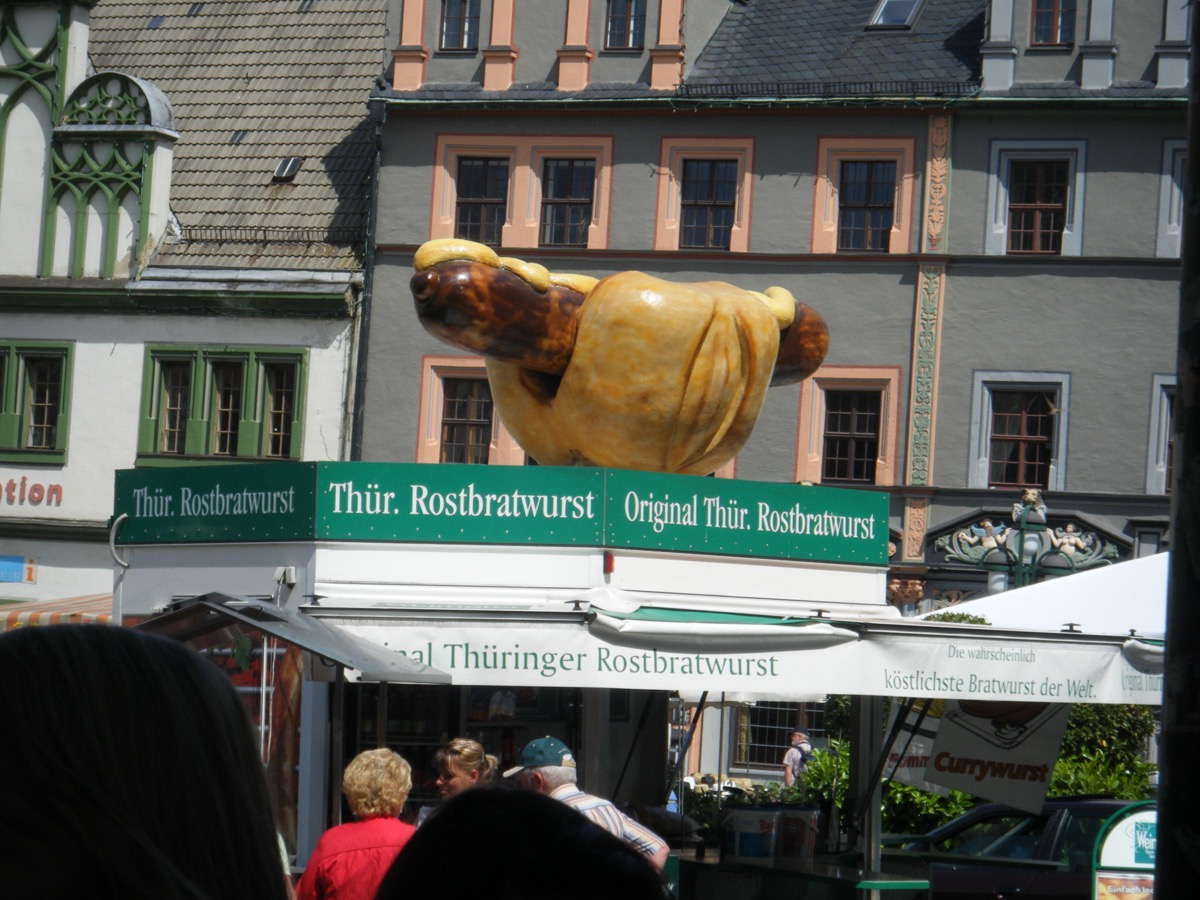 Th&uuml;ringer Rostbratwurst stand in Weimar market square