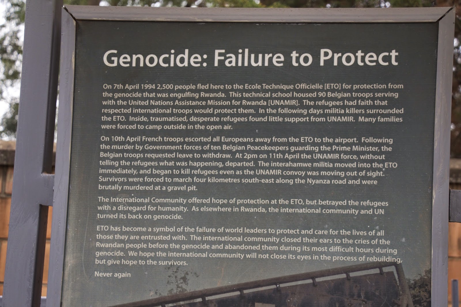 Close-up of the Genocide: Failure to Protect panel at the ETO memorial, detailing how refugees were abandoned when UN forces withdrew