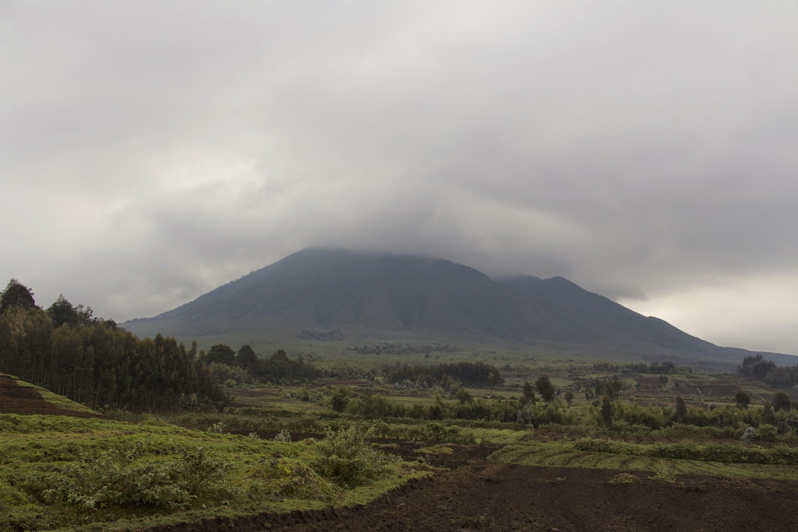 Volcano rising through clouds near Musanze, Rwanda