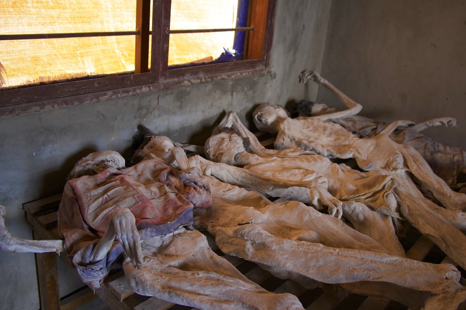 Close-up of lime-preserved remains of genocide victims on wooden platforms at the Murambi memorial