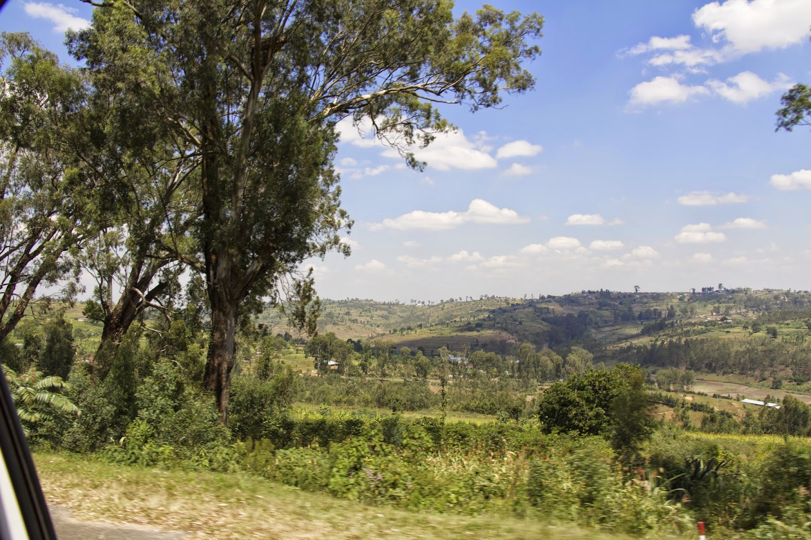 Green Rwandan hills and countryside from the road