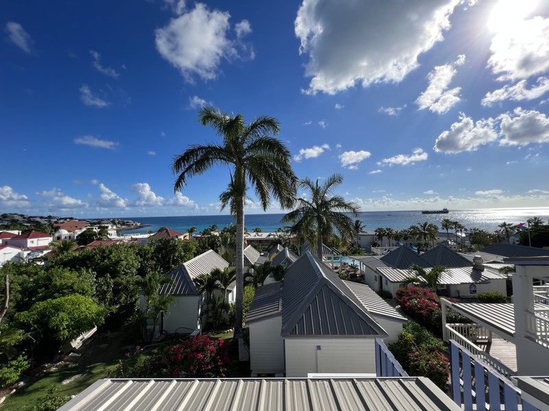 View over resort rooftops and palm trees to the Caribbean ocean