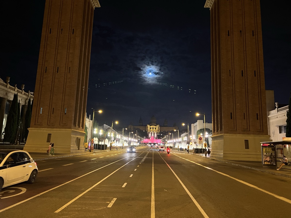 Plaça d'Espanya at night with Venetian towers and Palau Nacional