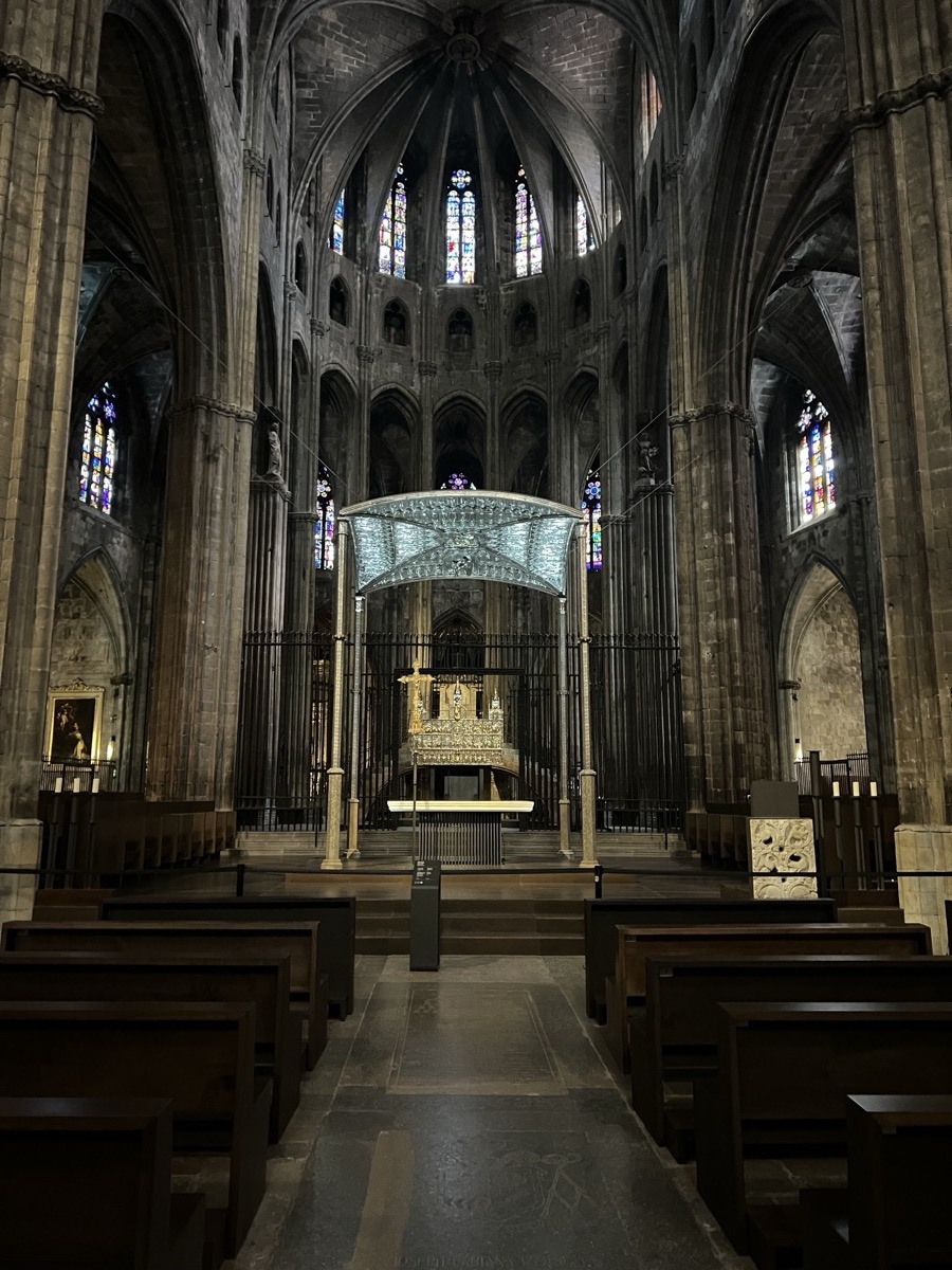 Girona Cathedral interior with Gothic vaulted ceilings and stained glass