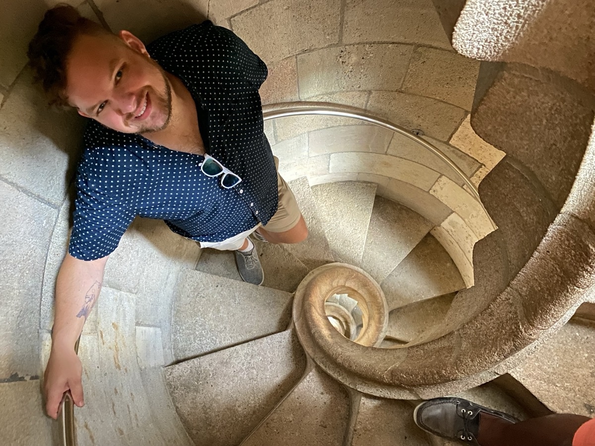 Michael on the spiral staircase inside Sagrada Fam&iacute;lia