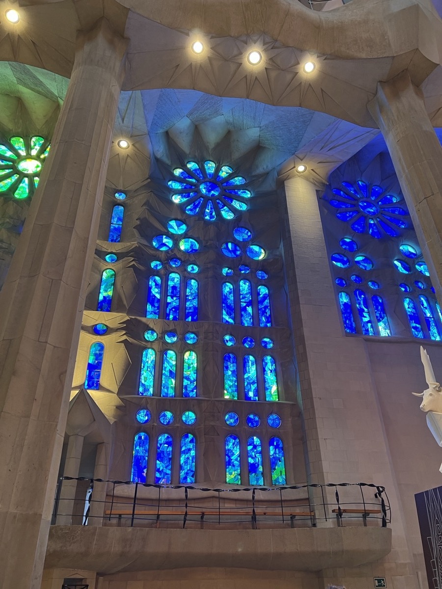 Blue and green stained glass inside Sagrada Família