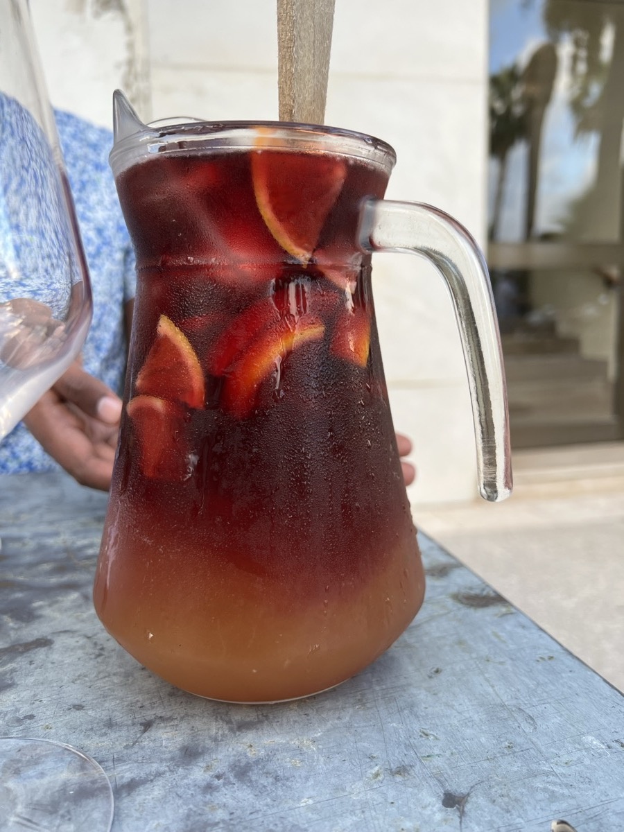 Pitcher of sangria at an outdoor table