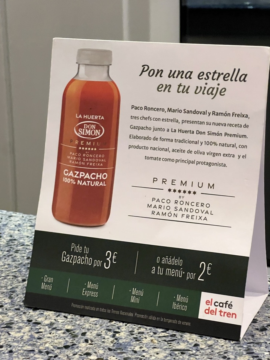 Spanish train cafe menu for Don Simon Premium Gazpacho